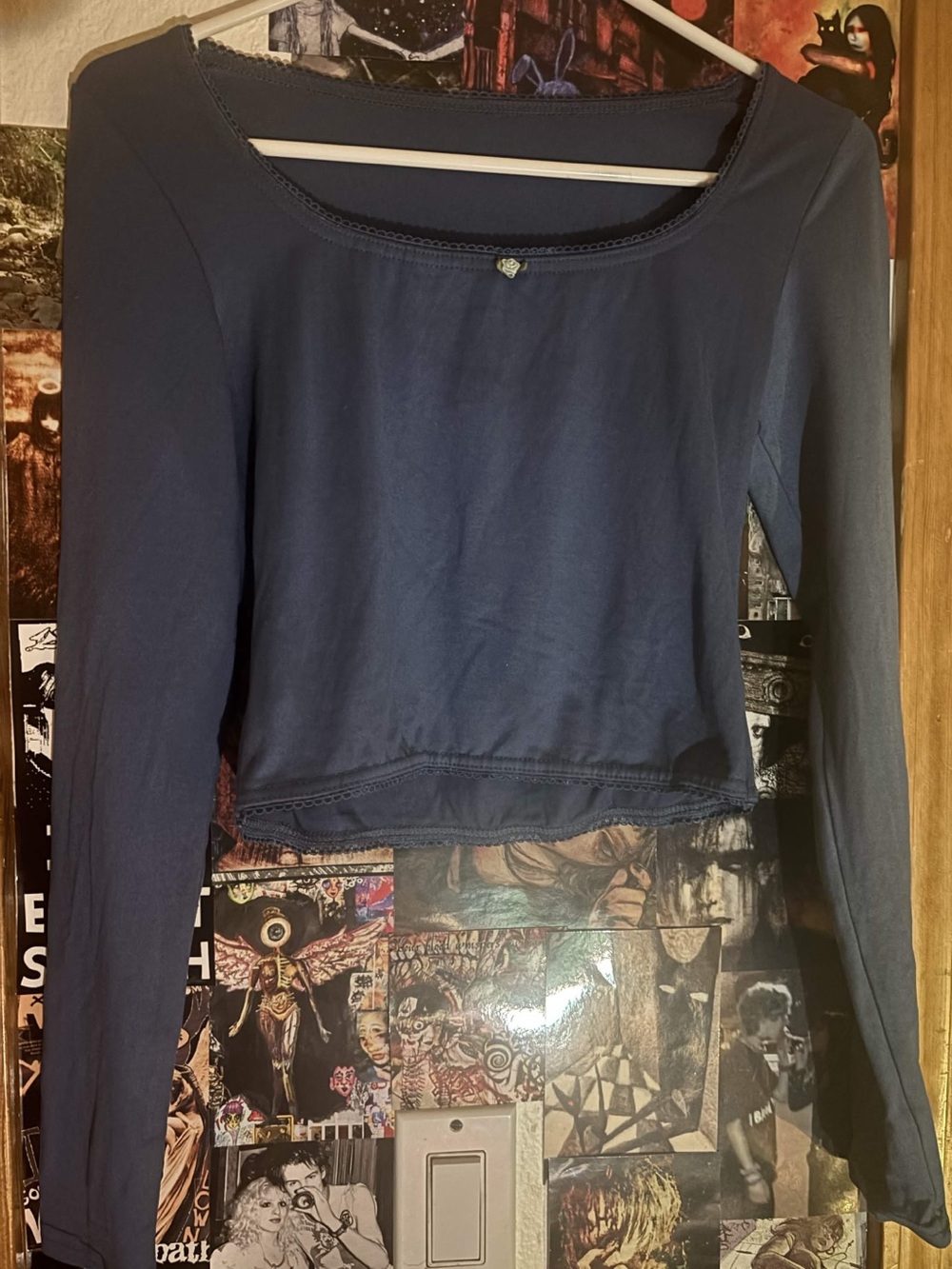 SHEIN Navy Blue Long Sleeve Scoop Neck Cropped Top